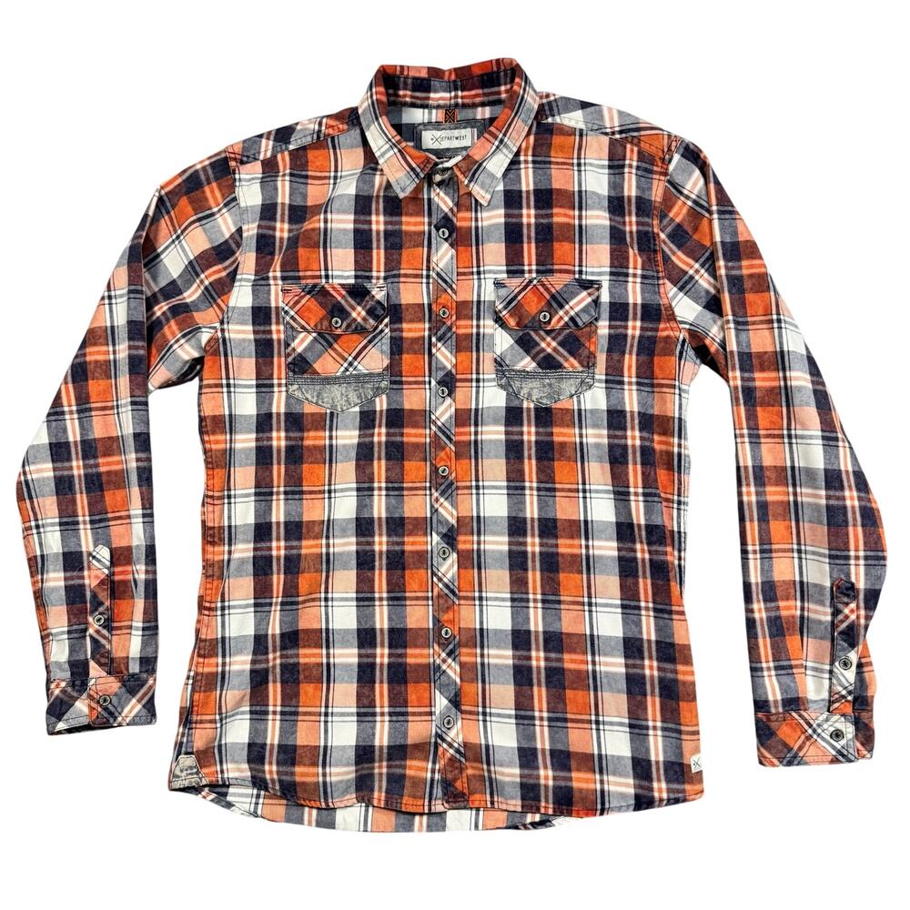 Departwest Men’s Western Flannel Shirt‎ Rust Blue Plaid Button Down - Large